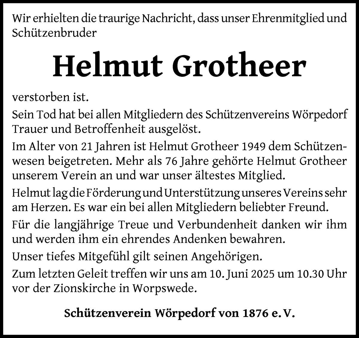 Traueranzeige von Helmut Grotheer von Wuemme Zeitung