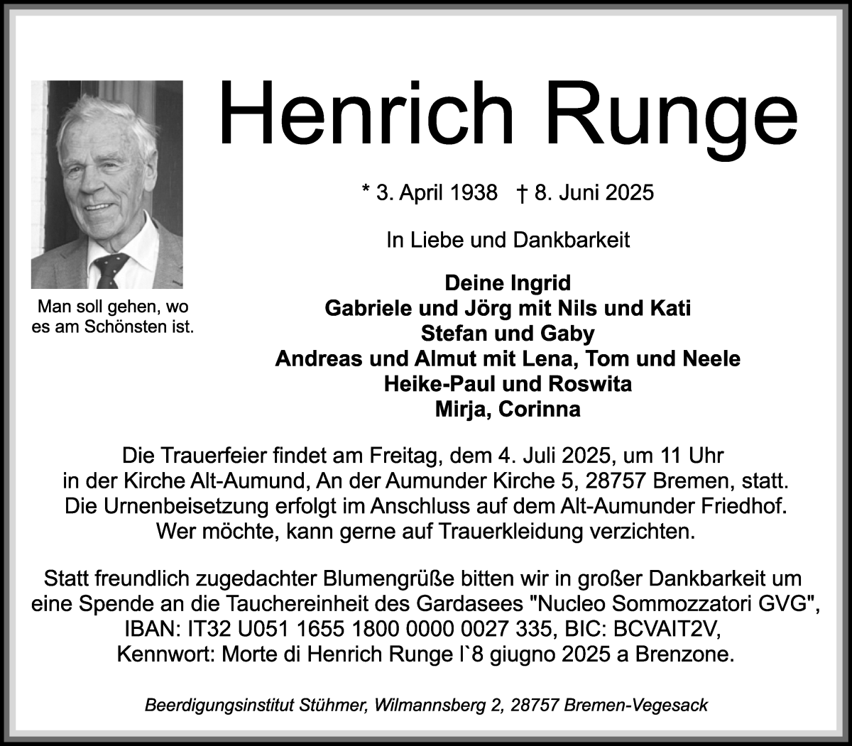 Traueranzeige von Henrich Runge von Die Norddeutsche