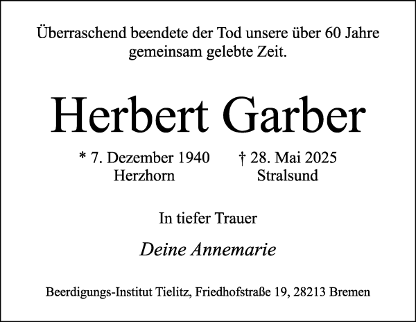 Traueranzeige von Herbert Garber von WESER-KURIER