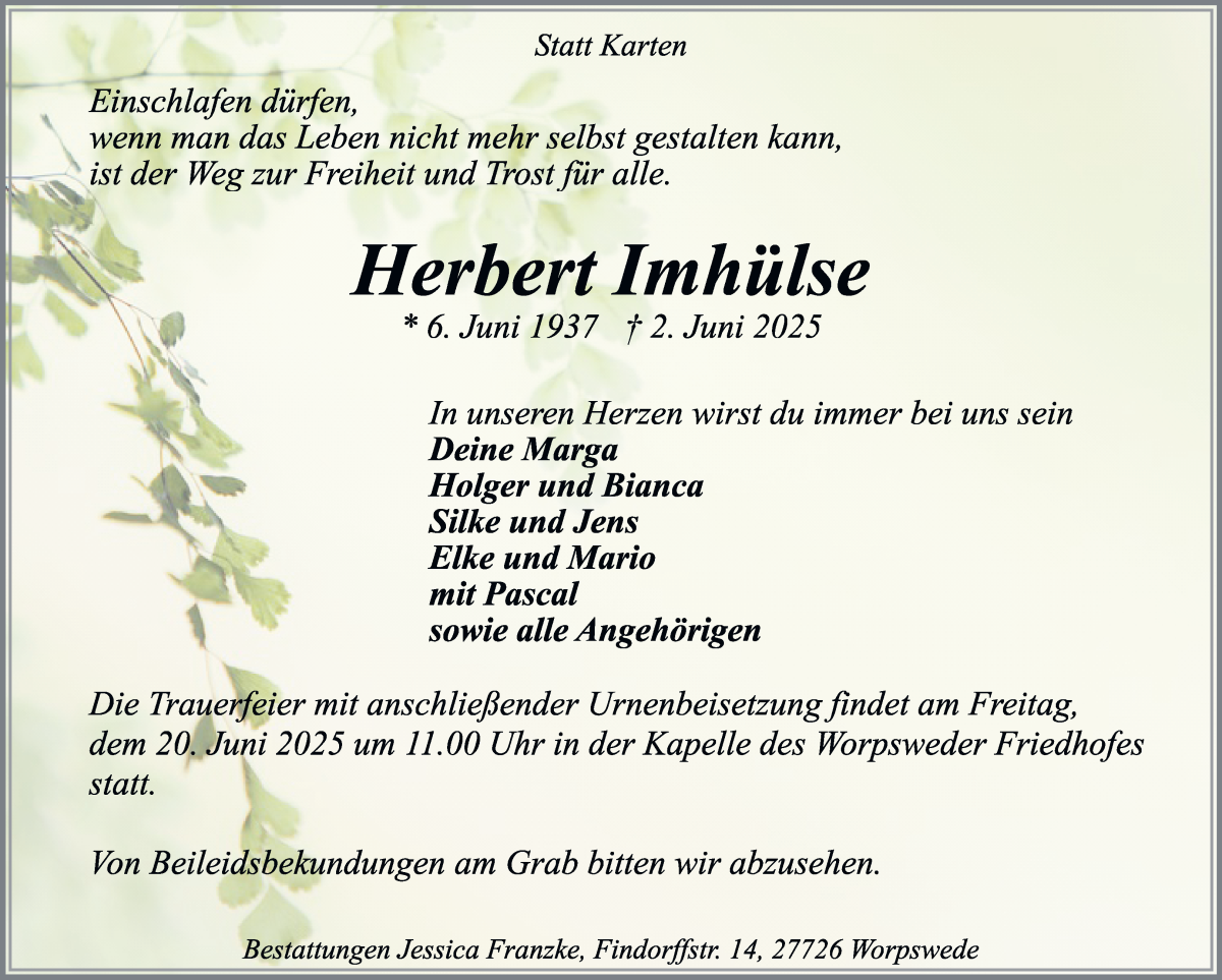 Traueranzeige von Herbert Imhülse von Wuemme Zeitung