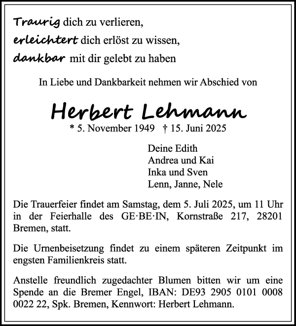 Traueranzeige von Herbert Lehmann von WESER-KURIER
