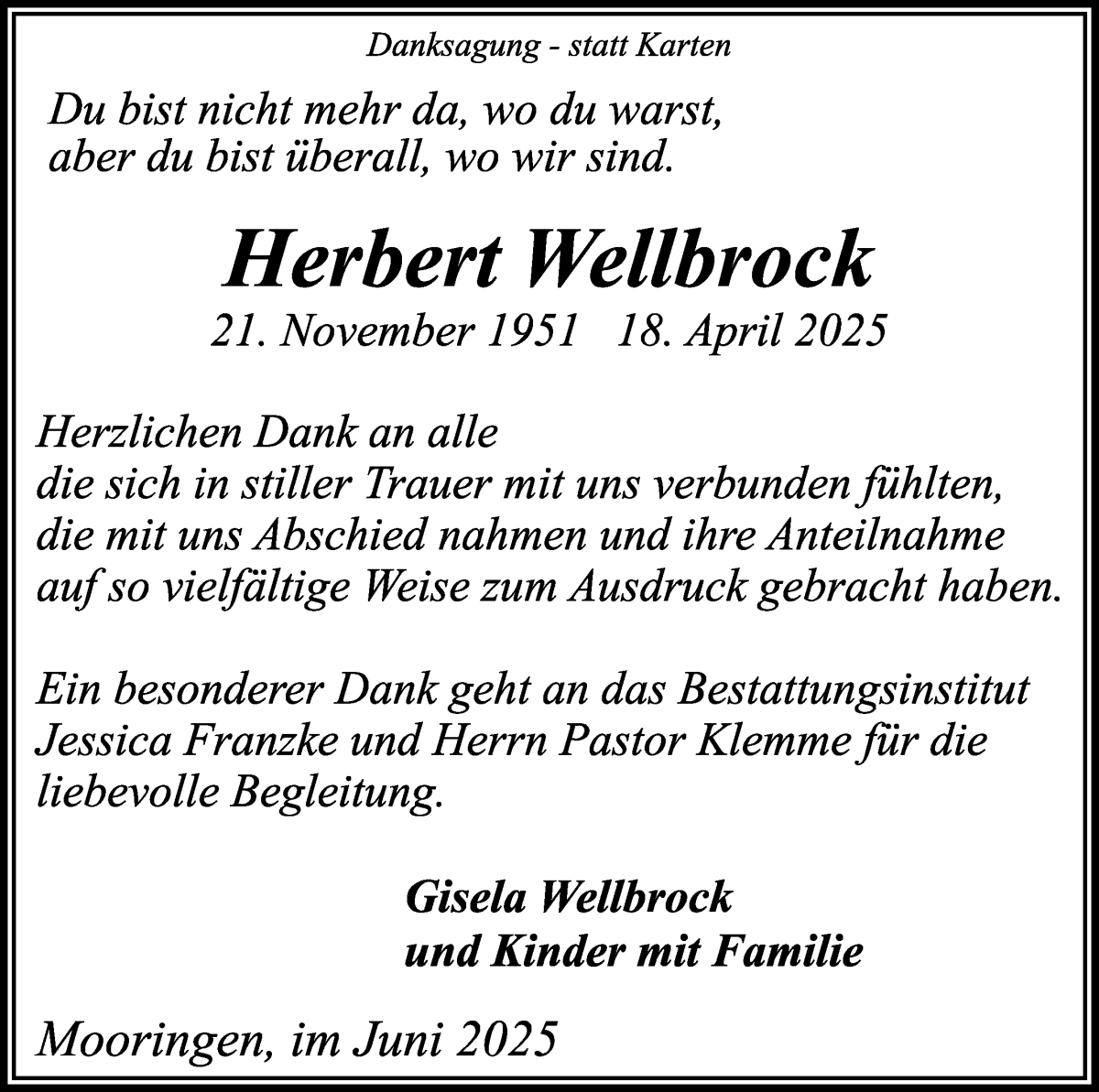 Traueranzeige von Herbert Wellbrock von Wuemme Zeitung