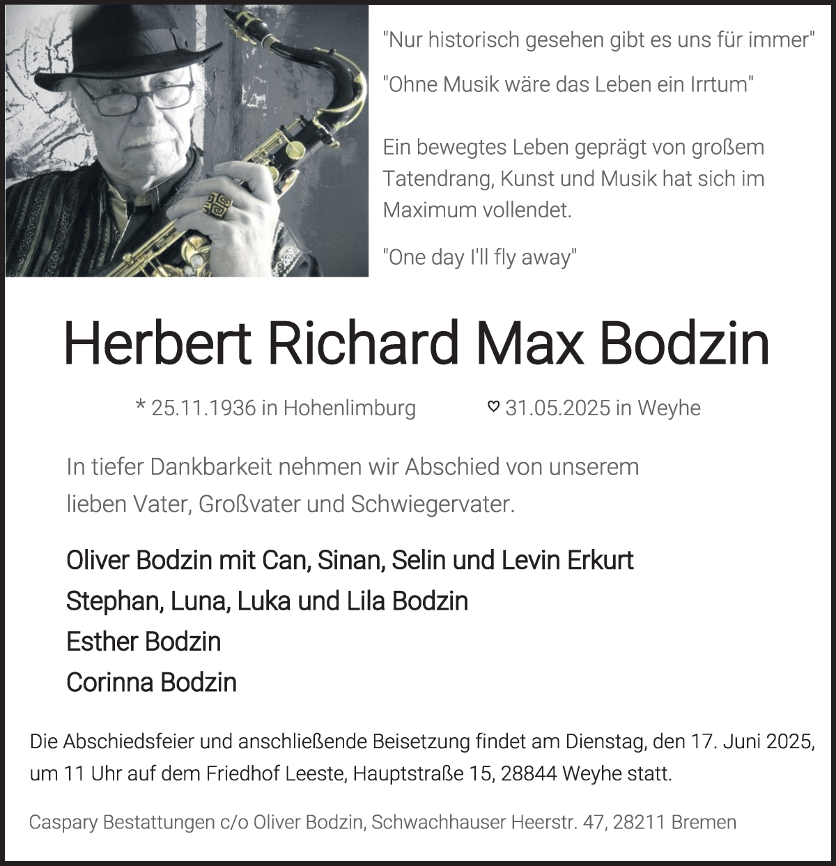 Traueranzeige von Herbert Richard Max Bodzin von WESER-KURIER