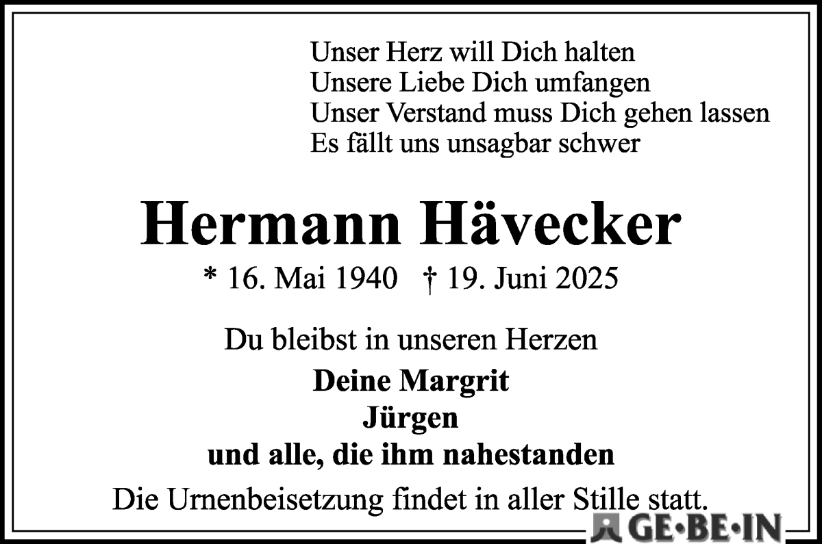 Traueranzeige von Hermann Hävecker von WESER-KURIER