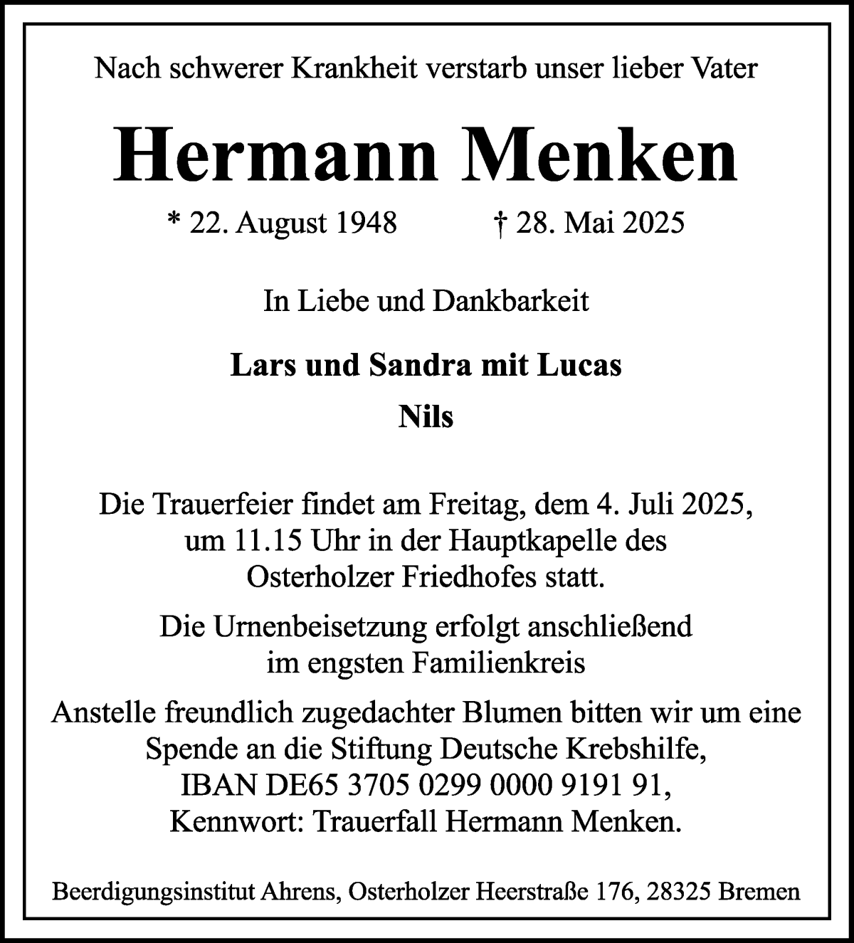 Traueranzeige von Hermann Menken von WESER-KURIER
