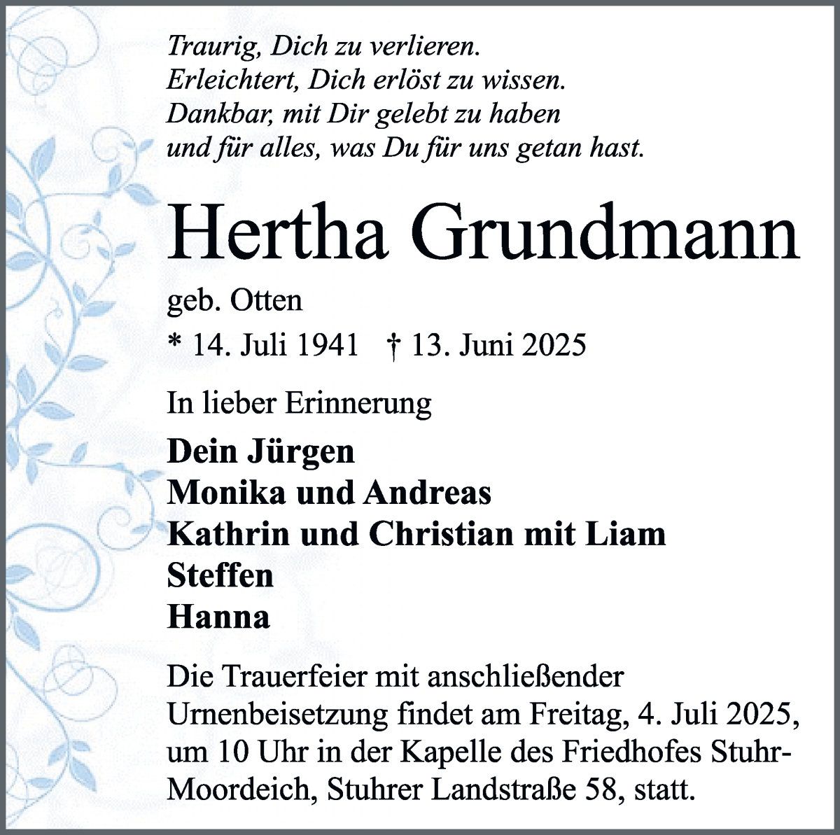 Traueranzeige von Hertha Grundmann von WESER-KURIER
