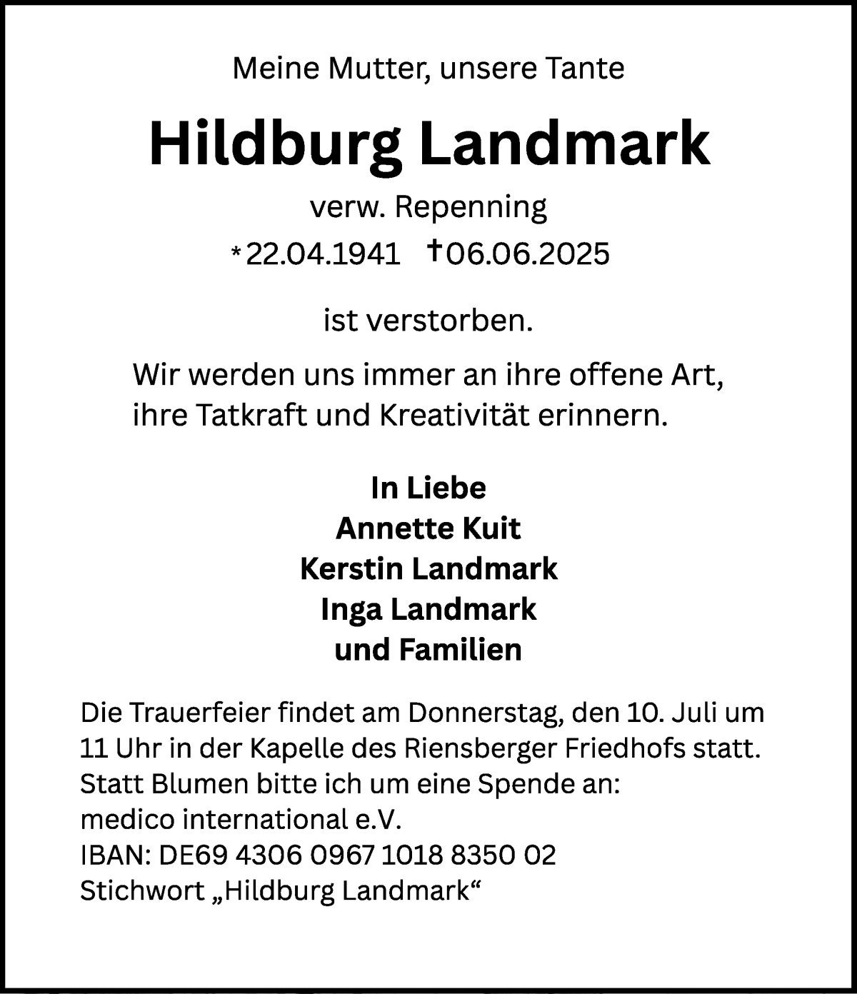 Traueranzeige von Hildburg Landmark von WESER-KURIER