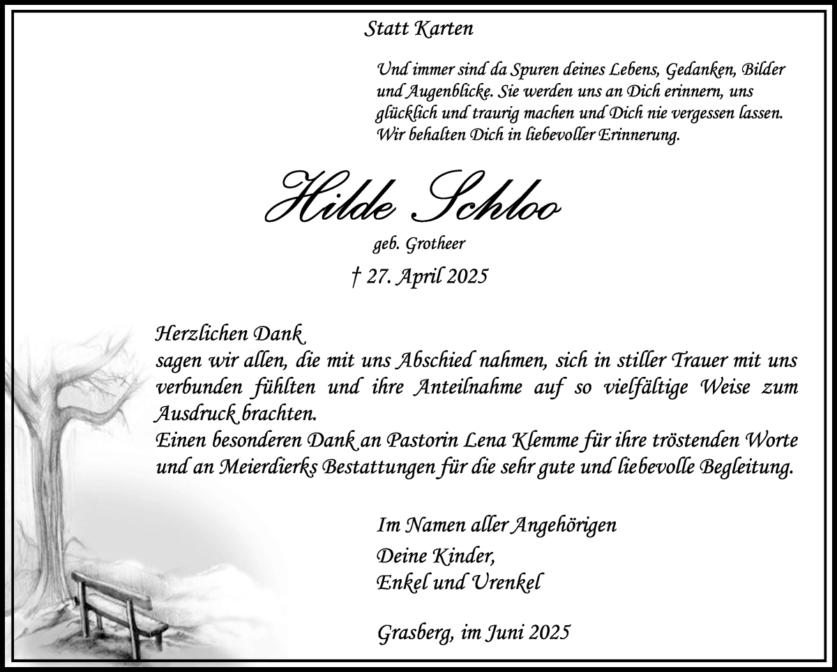 Traueranzeige von Hilde Schloo von Wuemme Zeitung