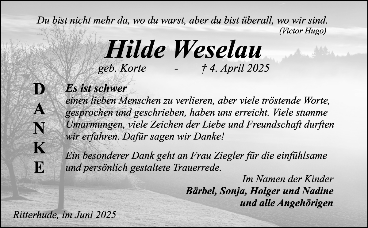 Traueranzeige von Hilde Weselau von Osterholzer Kreisblatt