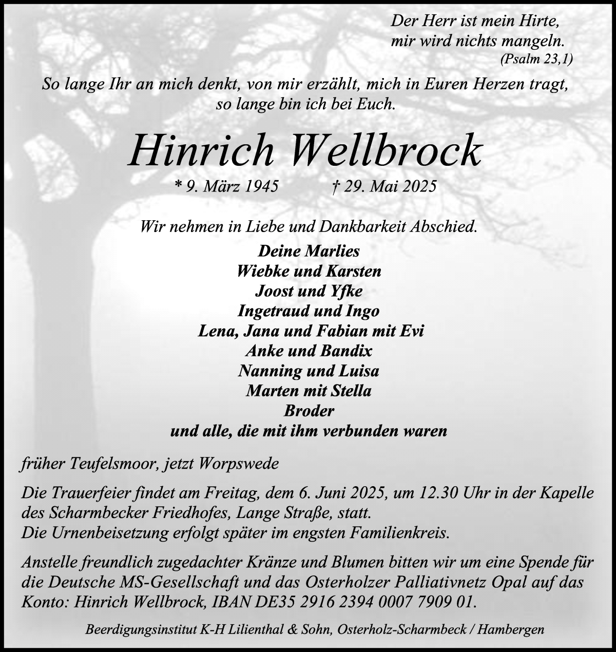 Traueranzeige von Hinrich Wellbrock von Osterholzer Kreisblatt