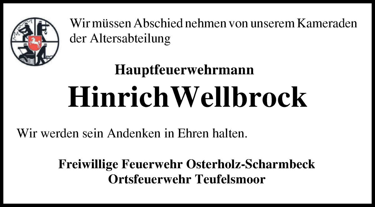 Traueranzeige von Hinrich Wellbrock von Osterholzer Kreisblatt