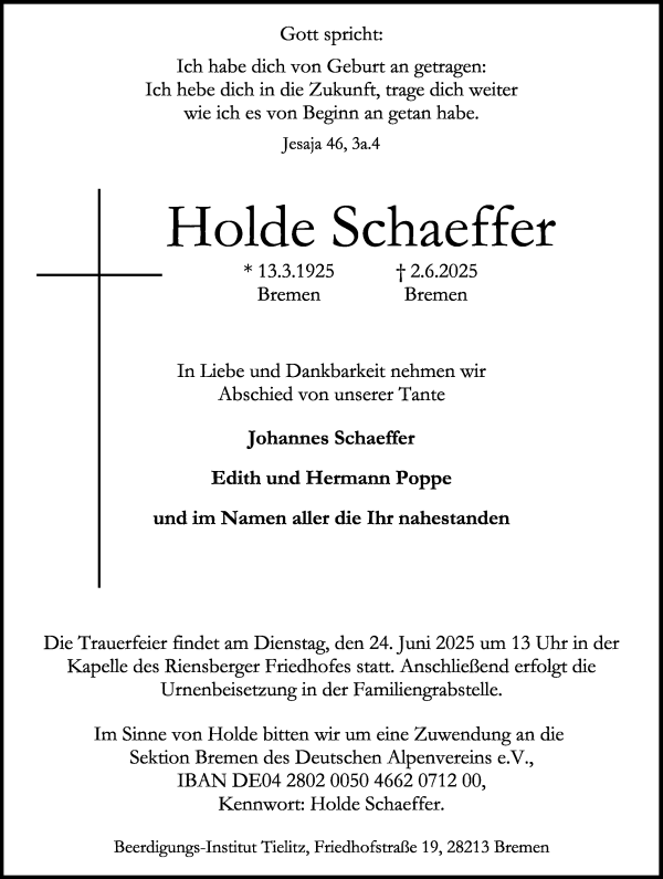 Traueranzeige von Holde Schaeffer von WESER-KURIER