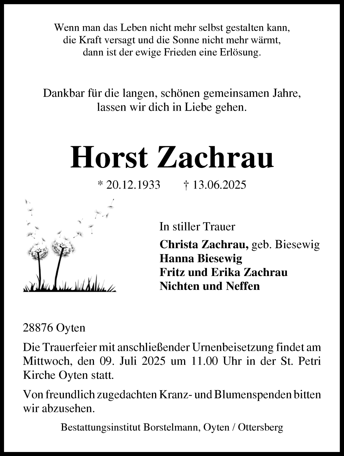 Traueranzeige von Horst Zachrau von Achimer Kurier/Verdener Nachrichten