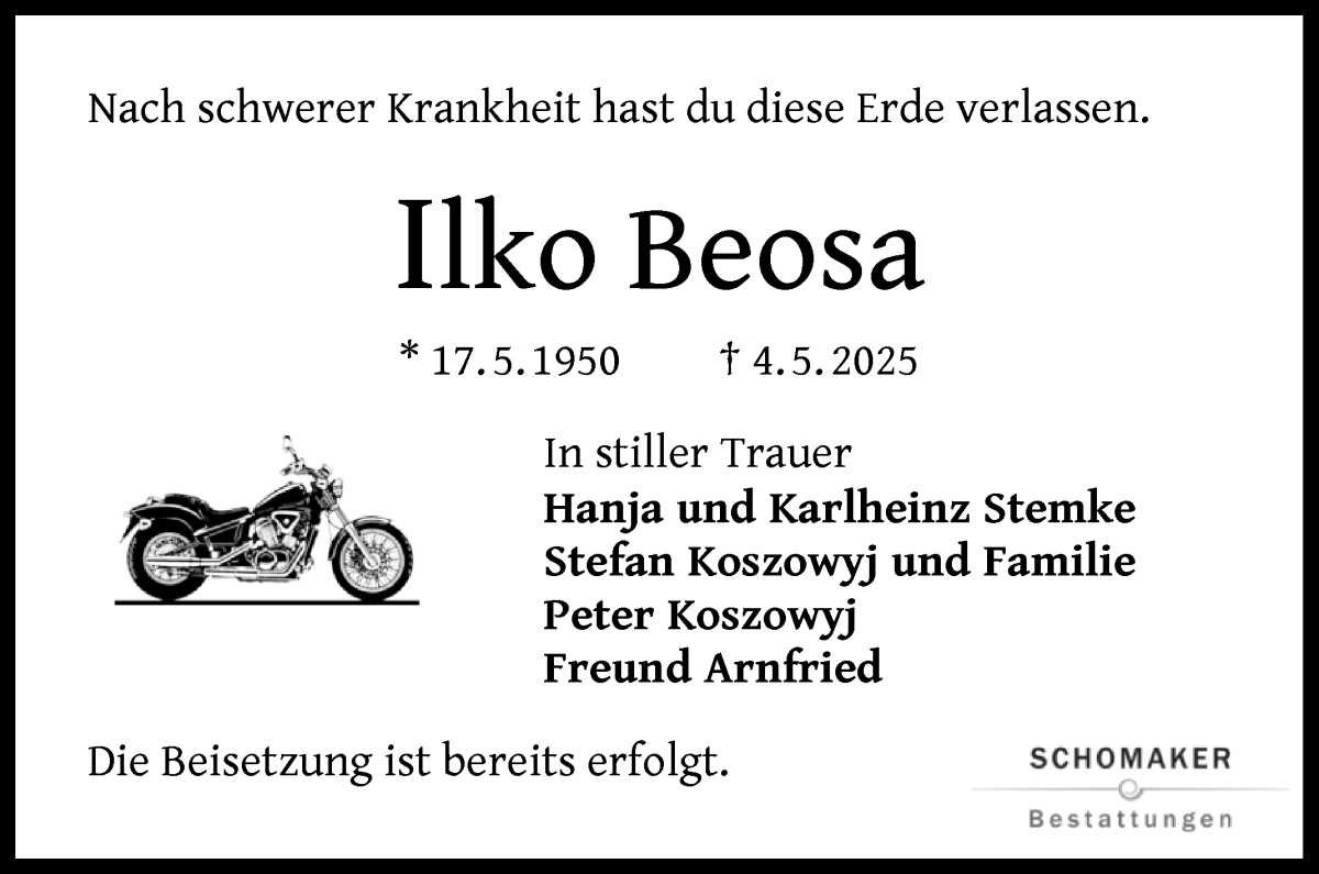Traueranzeige von Ilko Beosa von WESER-KURIER