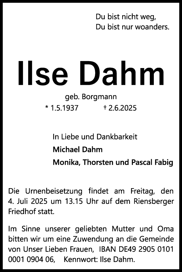 Traueranzeige von Ilse Dahm von WESER-KURIER