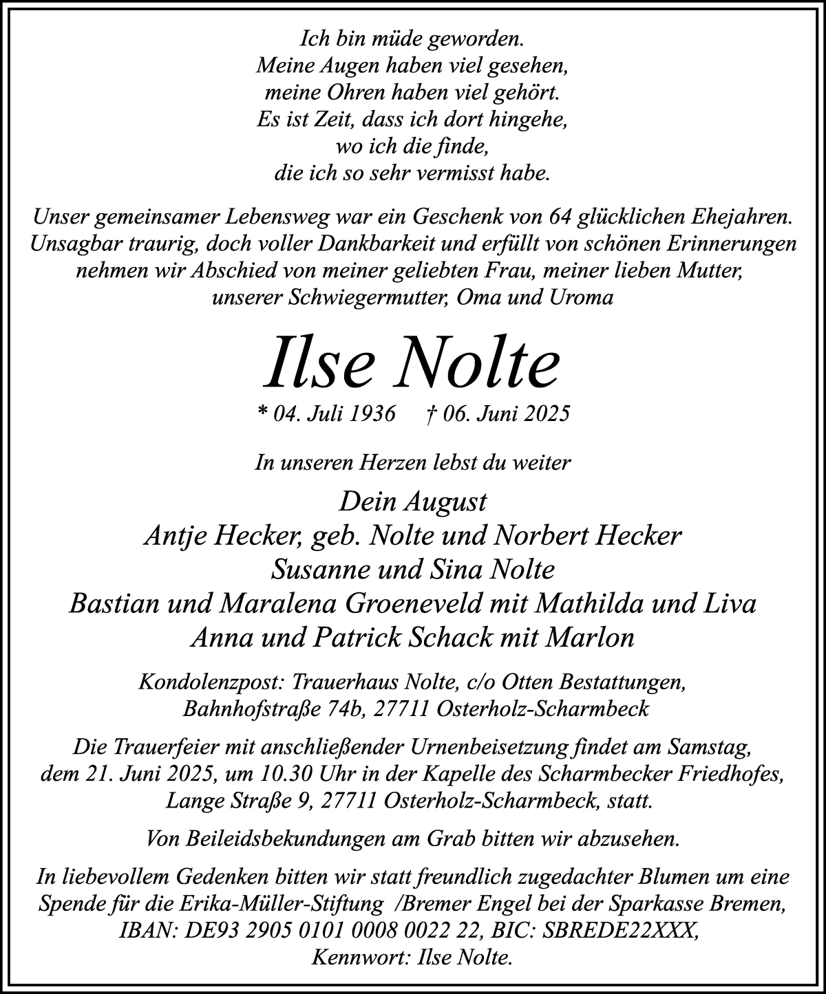 Traueranzeige von Ilse Nolte von Osterholzer Kreisblatt