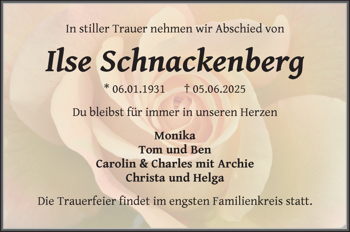 Traueranzeige von Ilse Schnackenberg von WESER-KURIER