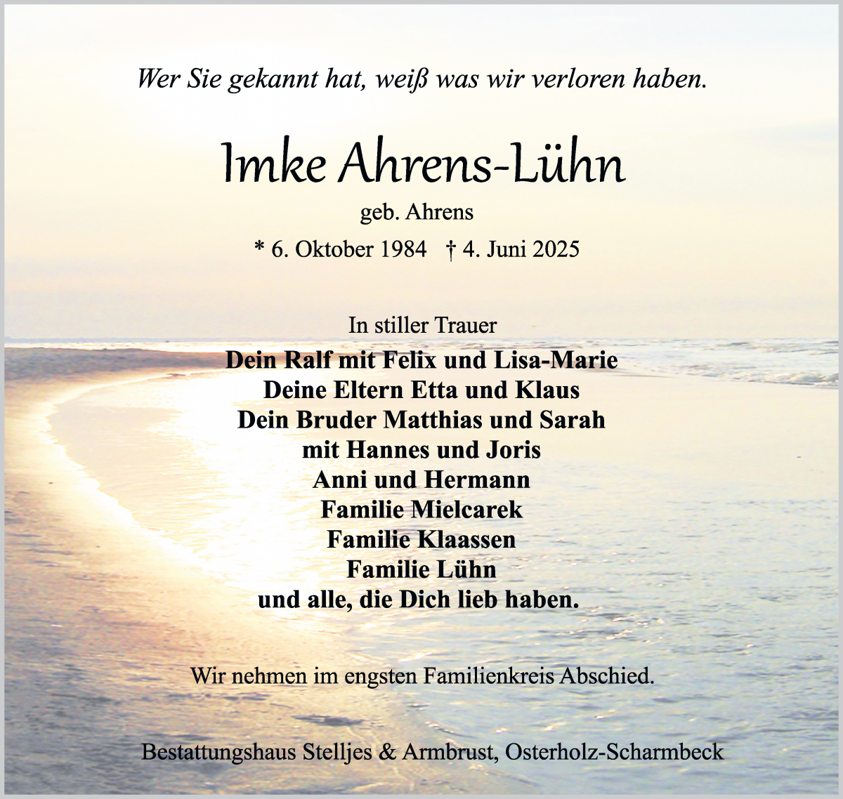 Traueranzeige von Imke Ahrens-Lühn von Osterholzer Kreisblatt