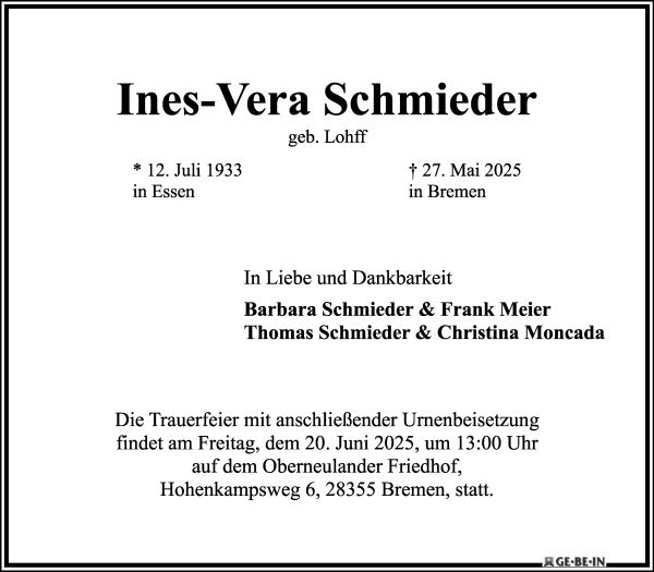 Traueranzeige von Ines-Vera Schmieder von WESER-KURIER