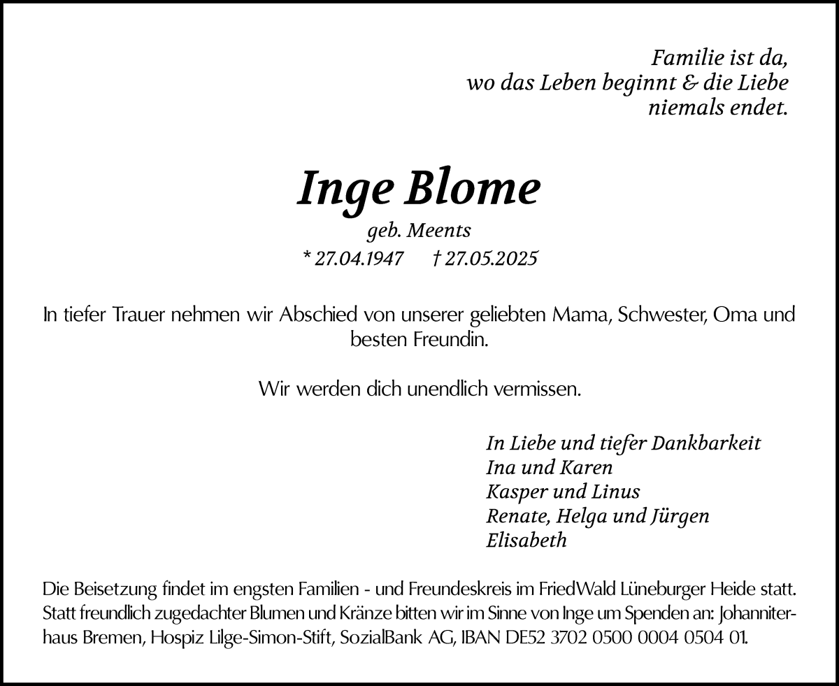 Traueranzeige von Inge Blome von WESER-KURIER