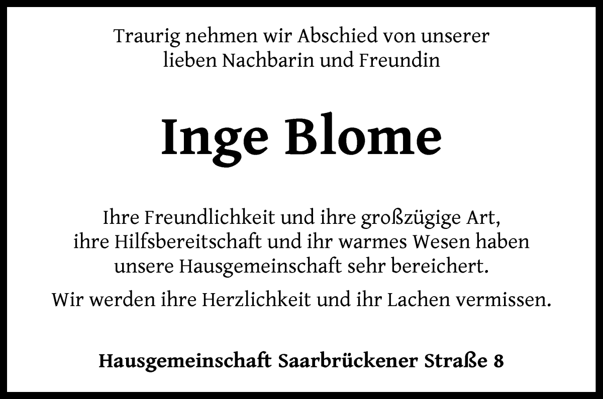 Traueranzeige von Inge Blome von WESER-KURIER