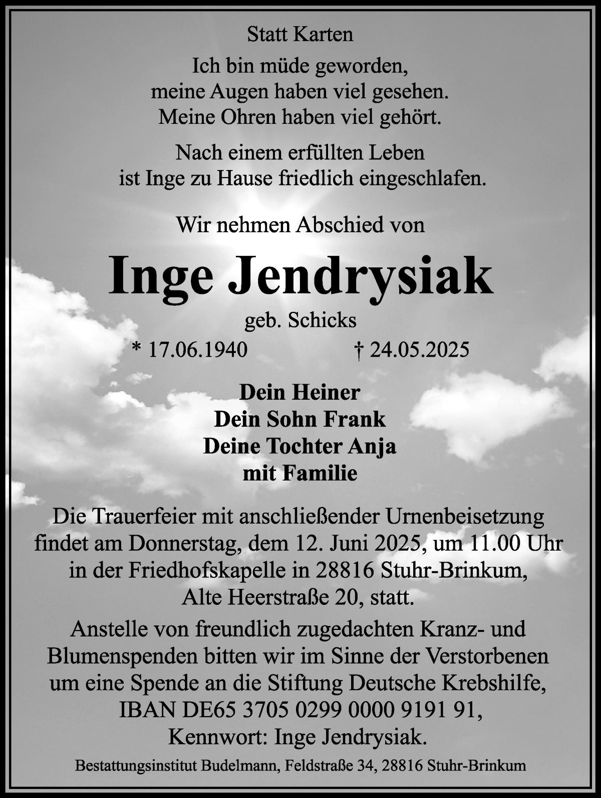 Traueranzeige von Inge Jendrysiak von WESER-KURIER