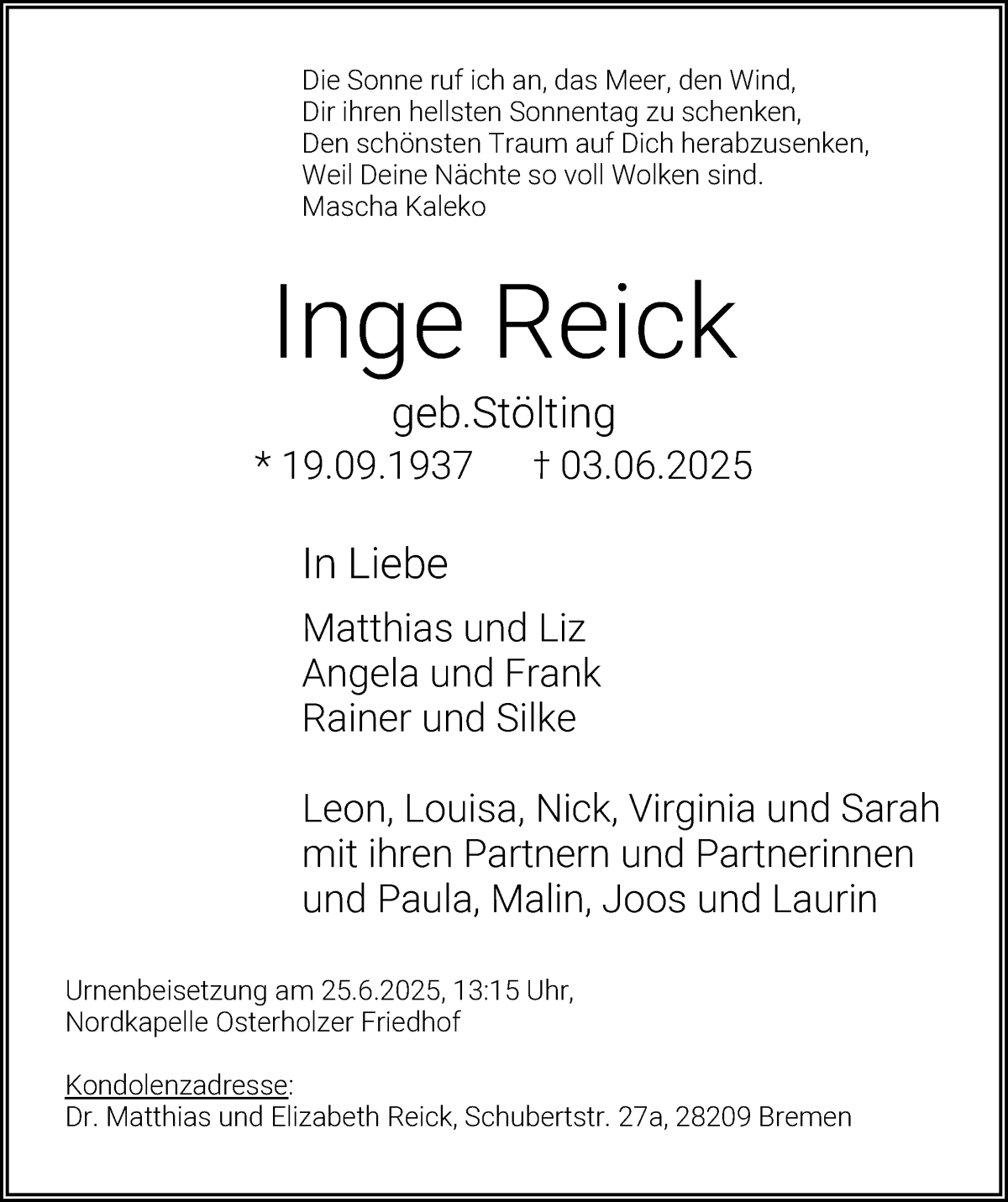 Traueranzeige von Inge Reick von WESER-KURIER