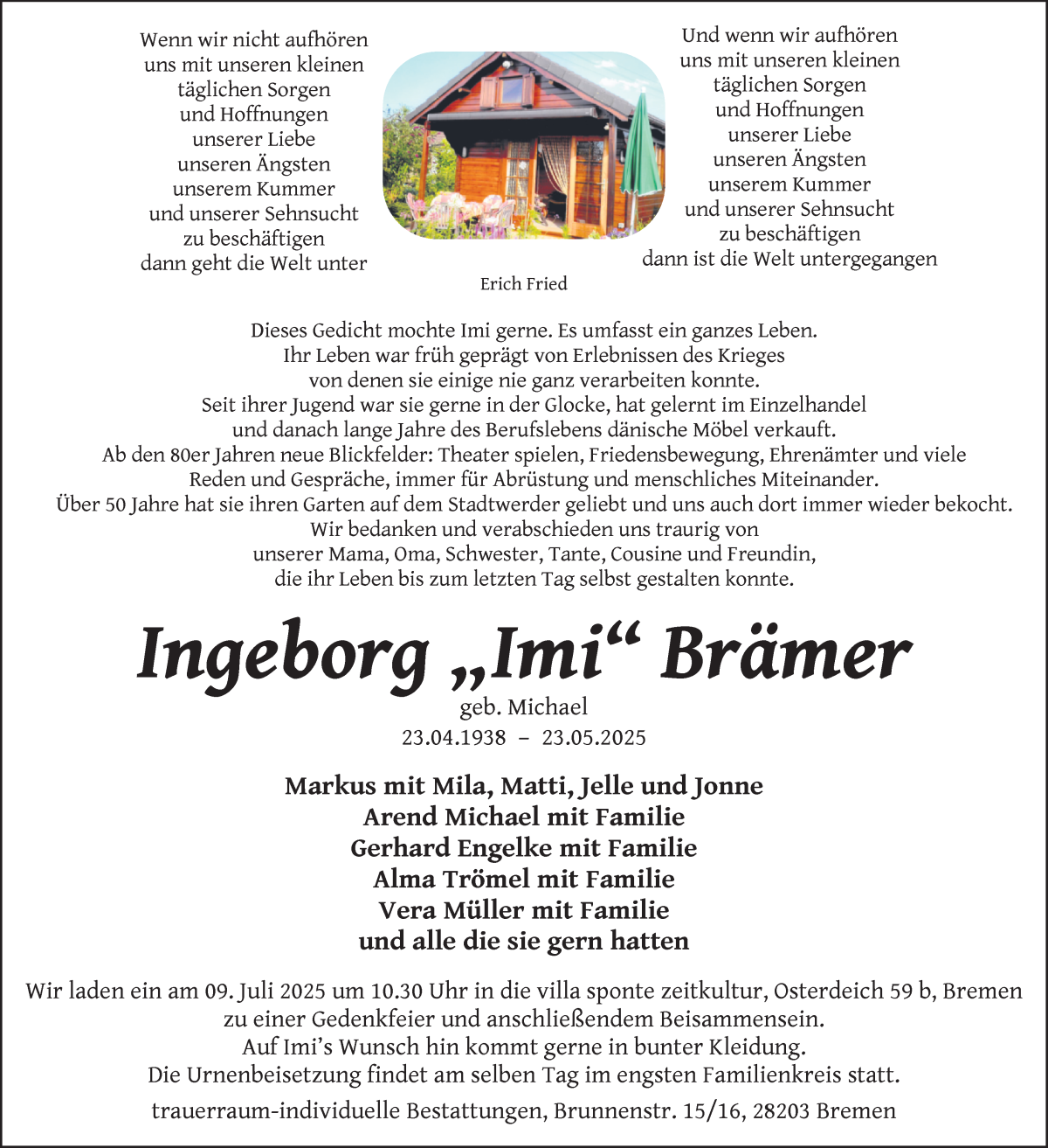Traueranzeige von Ingeborg Brämer von WESER-KURIER