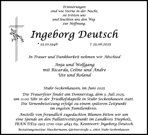 Traueranzeige von Ingeborg Deutsch von Regionale Rundschau/Syker Kurier
