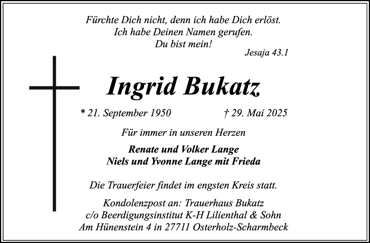 Traueranzeige von Ingrid Bukatz von Osterholzer Kreisblatt