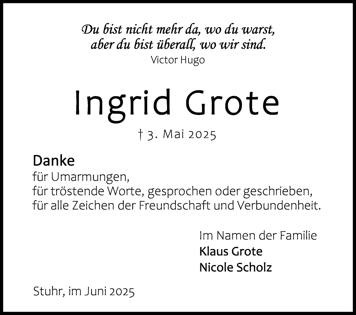 Traueranzeige von Ingrid Grote von Regionale Rundschau/Syker Kurier