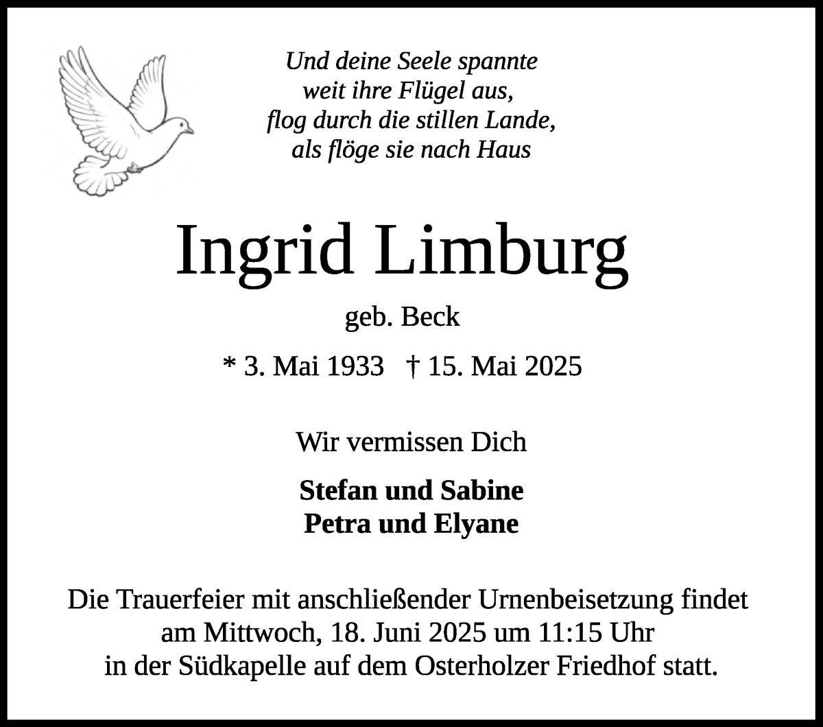 Traueranzeige von Ingrid Limburg von WESER-KURIER