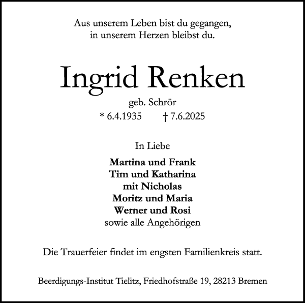 Traueranzeige von Ingrid Renken von WESER-KURIER