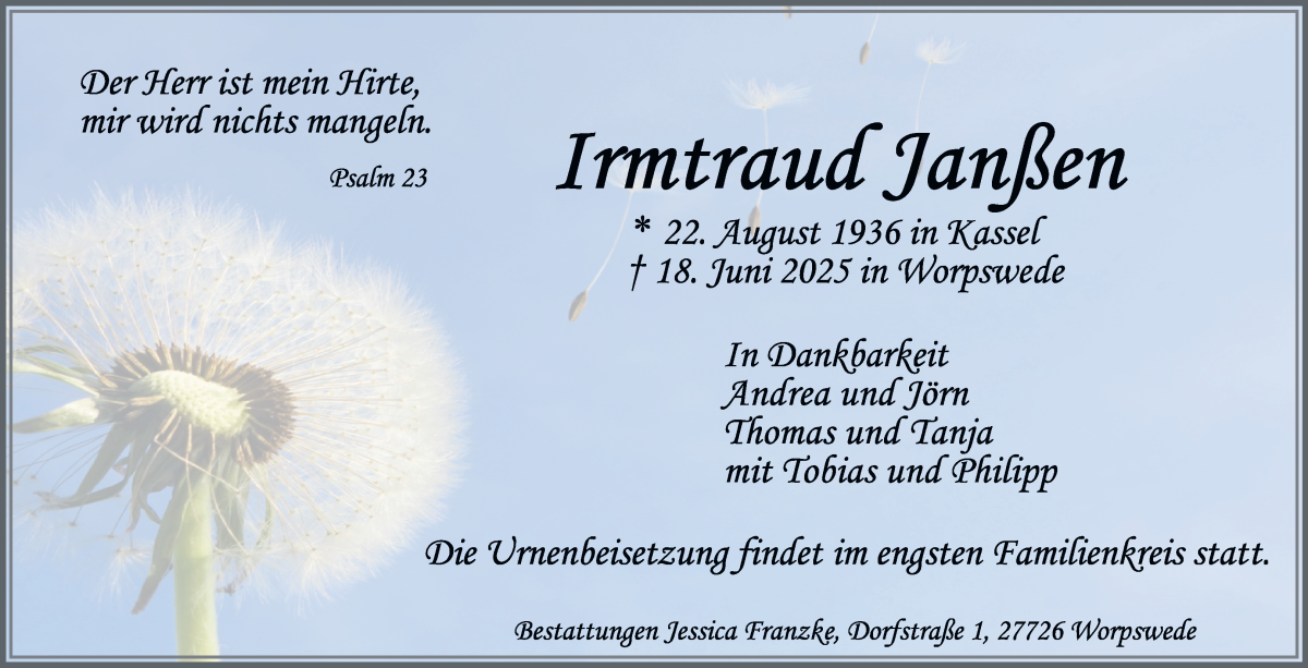 Traueranzeige von Irmtraud Janßen von Wuemme Zeitung