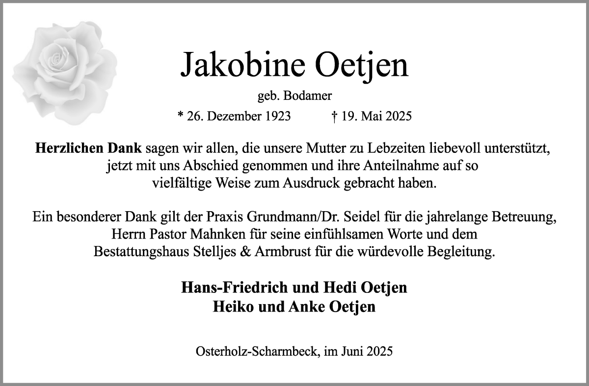 Traueranzeige von Jakobine Oetjen von Osterholzer Kreisblatt
