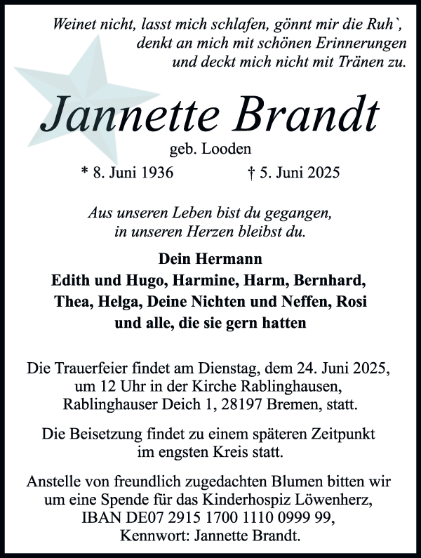 Traueranzeige von Jannette Brandt von WESER-KURIER