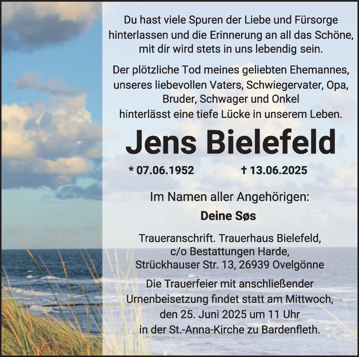 Traueranzeige von Jens Bielefeld von Die Norddeutsche