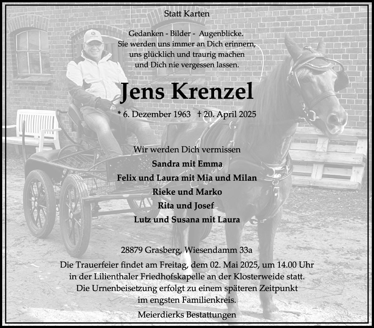 Traueranzeige von Jens Krenzel von Wuemme Zeitung