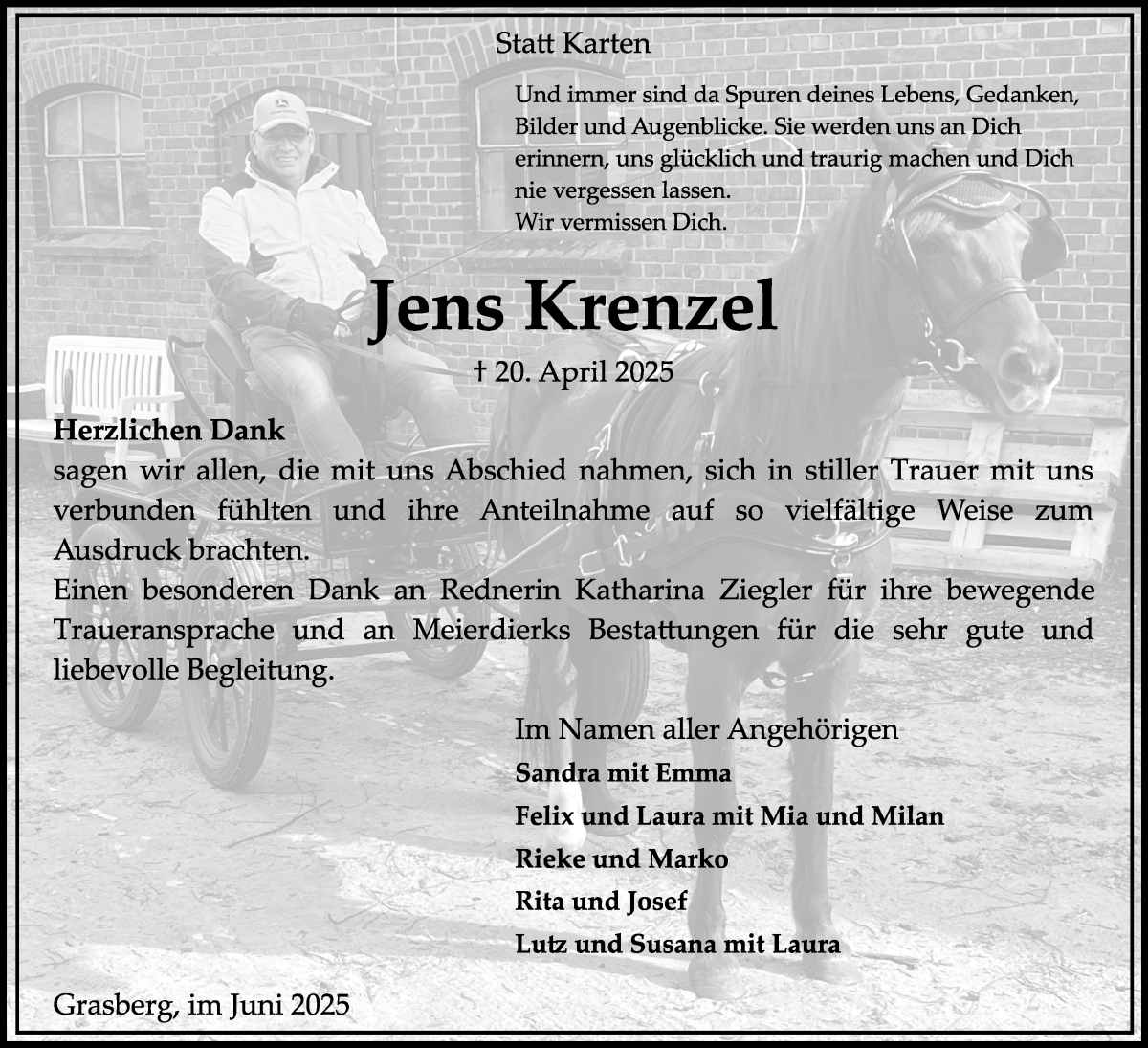 Traueranzeige von Jens Krenzel von Wuemme Zeitung
