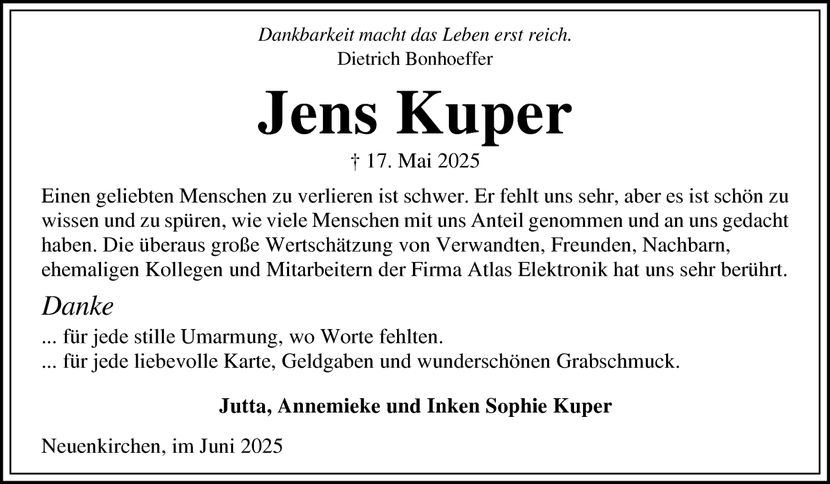 Traueranzeige von Jens Kuper von Die Norddeutsche
