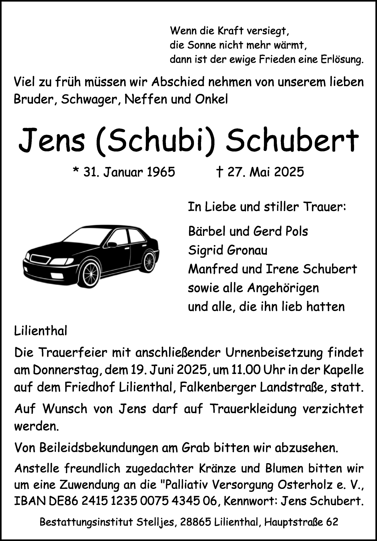 Traueranzeige von Jens Schubert von Wuemme Zeitung