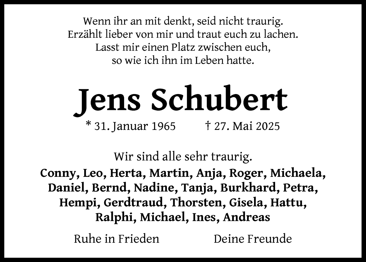 Traueranzeige von Jens Schubert von Wuemme Zeitung