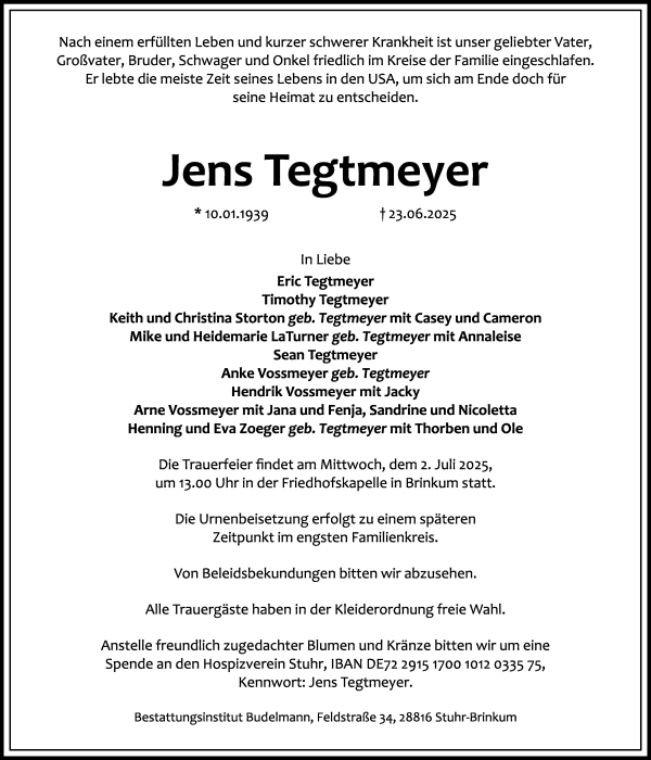 Traueranzeige von Jens Tegtmeyer von Regionale Rundschau/Syker Kurier