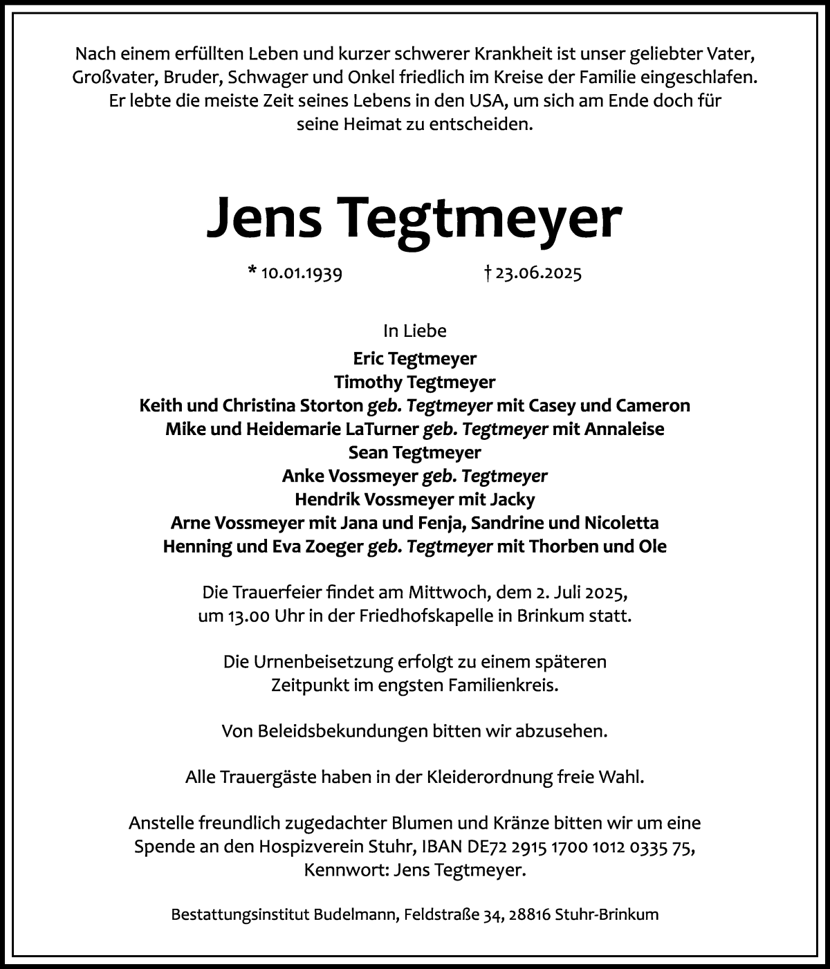 Traueranzeige von Jens Tegtmeyer von Regionale Rundschau/Syker Kurier