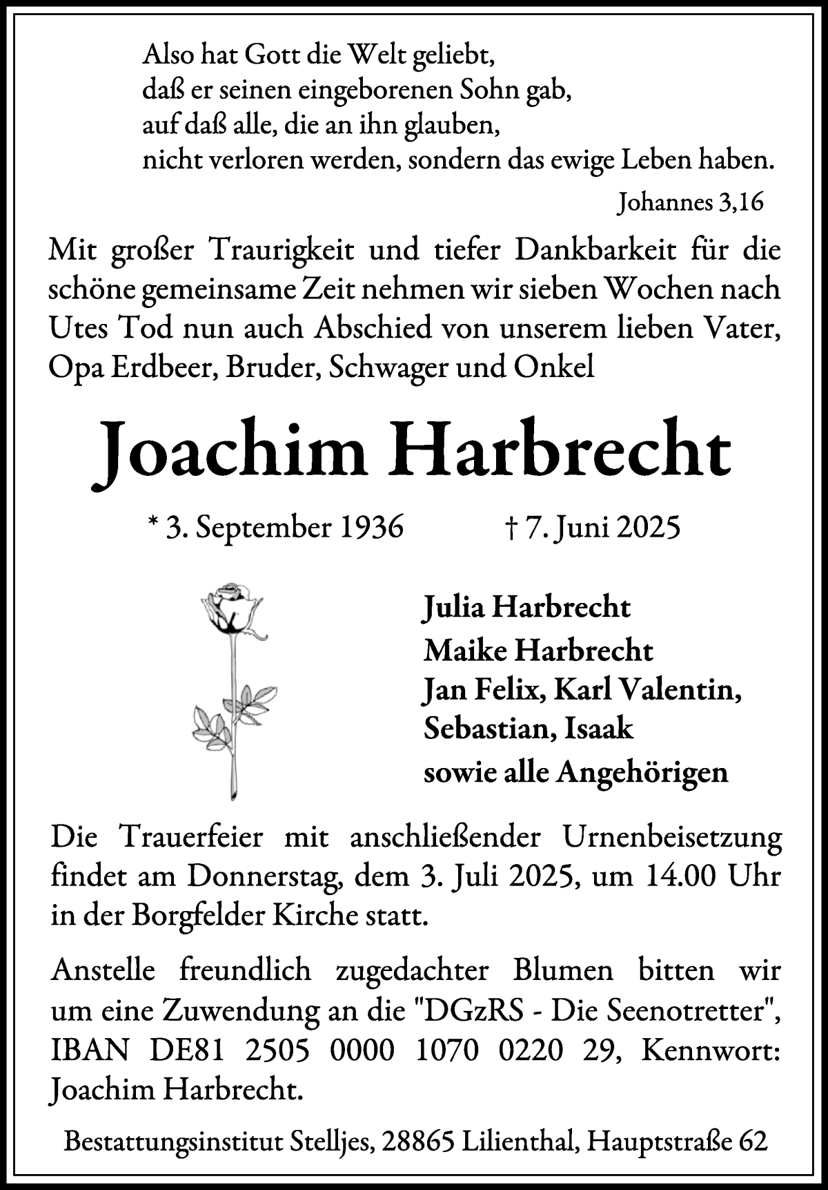 Traueranzeige von Joachim Harbrecht von Wuemme Zeitung