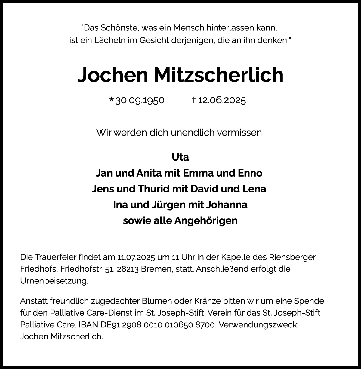 Traueranzeige von Jochen Mitzscherlich von WESER-KURIER