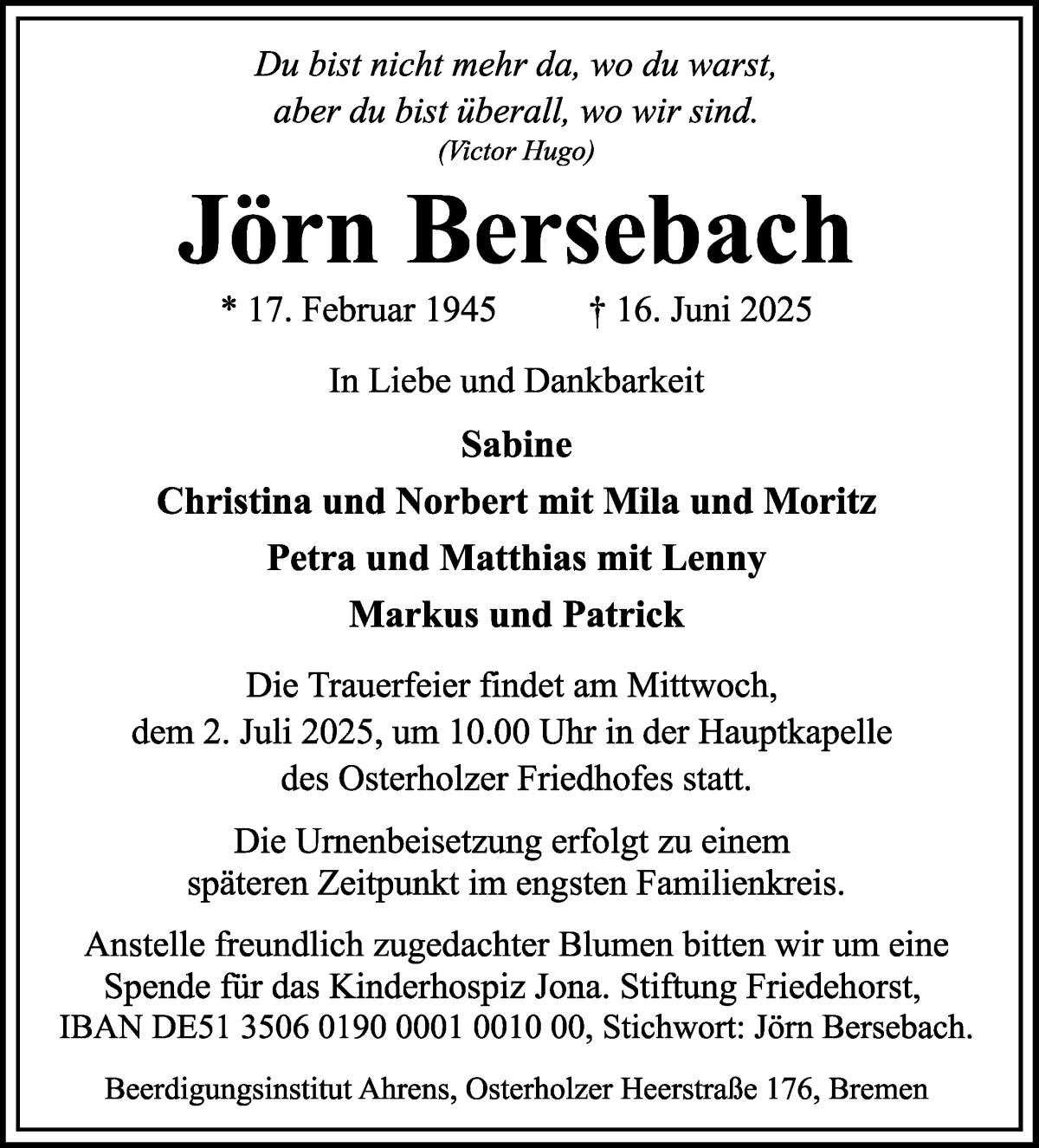 Traueranzeige von Jörn Bersebach von WESER-KURIER