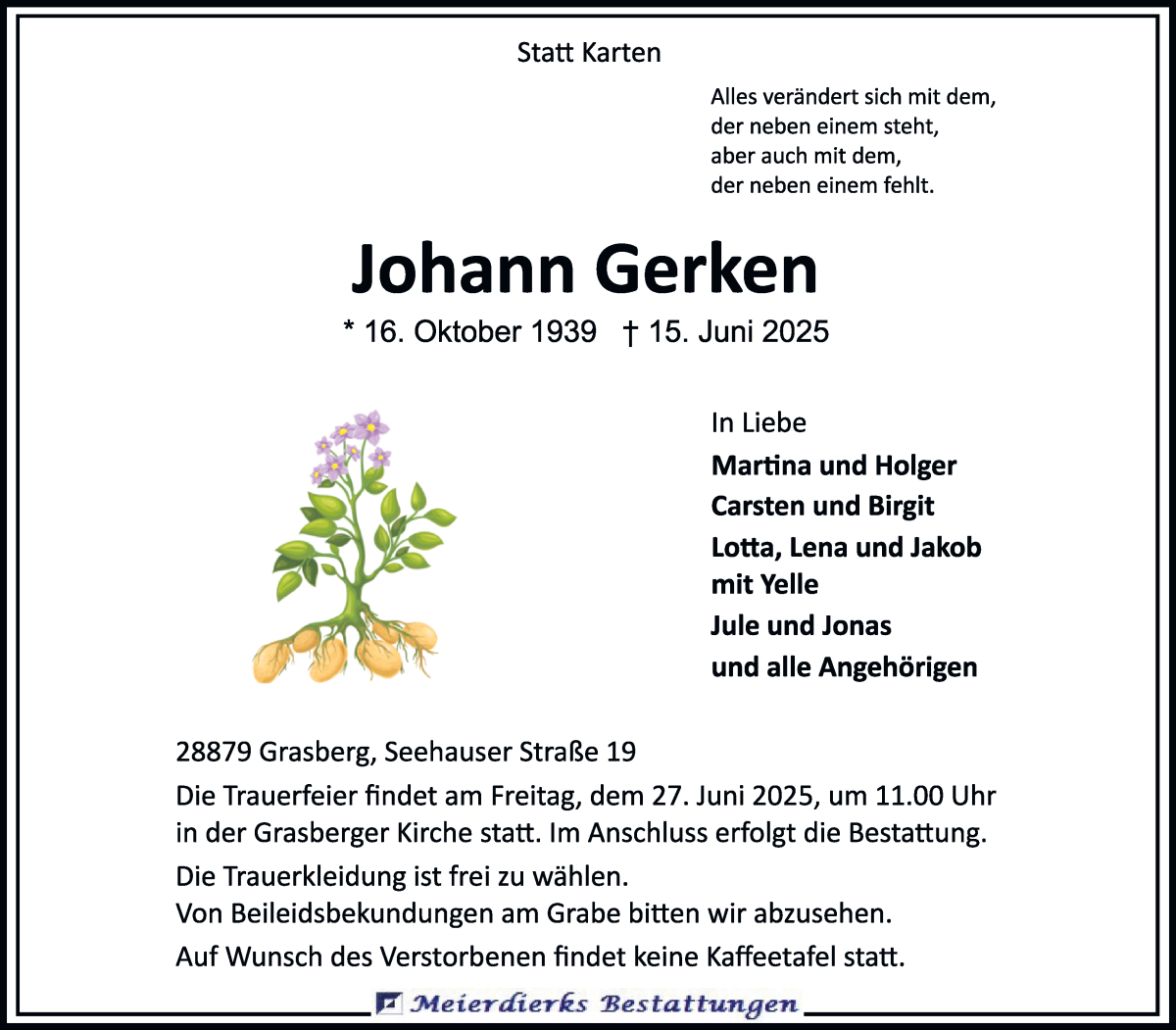 Traueranzeige von Johann Gerken von Wuemme Zeitung