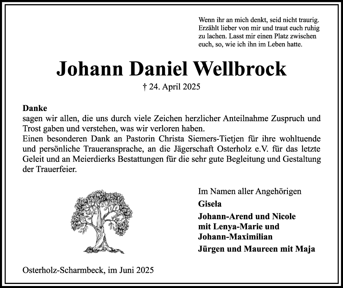 Traueranzeige von Johann Daniel Wellbrock von Osterholzer Kreisblatt