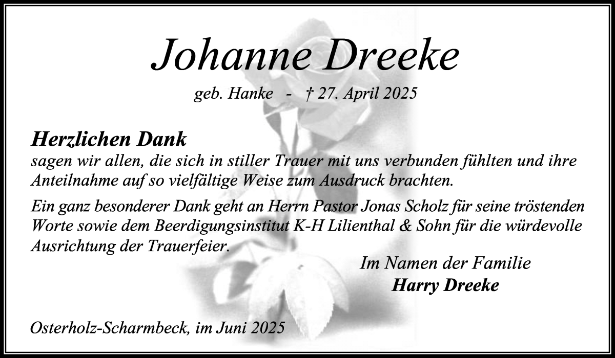 Traueranzeige von Johanne Dreeke von Osterholzer Kreisblatt